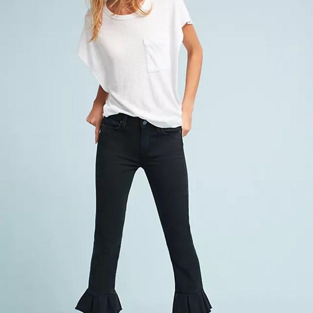PAIGE Black Flare Wide Leg Jeans with Ruffle Hem